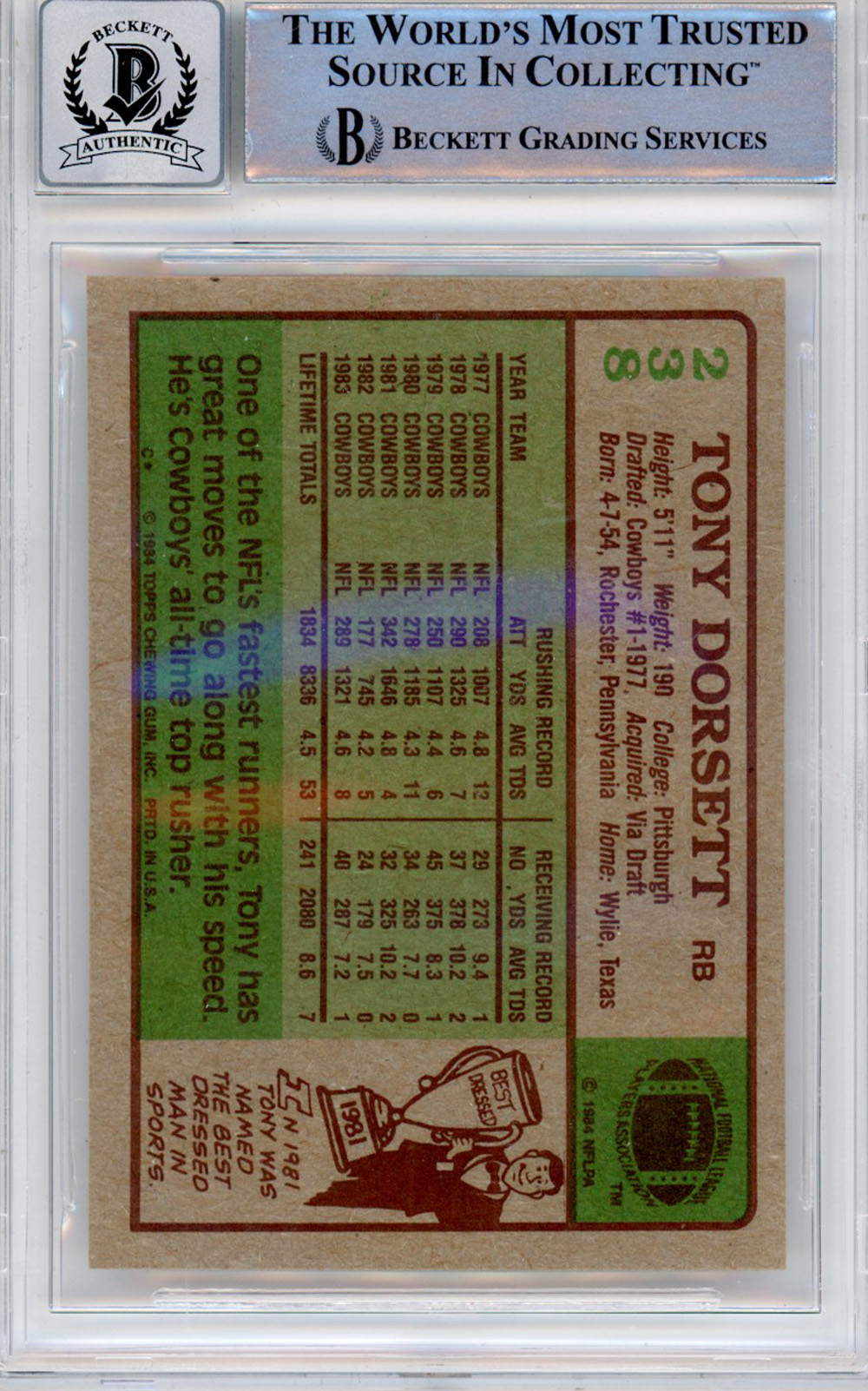 Tony Dorsett Autographed 1984 Topps #238 Trading Card Beckett Slab