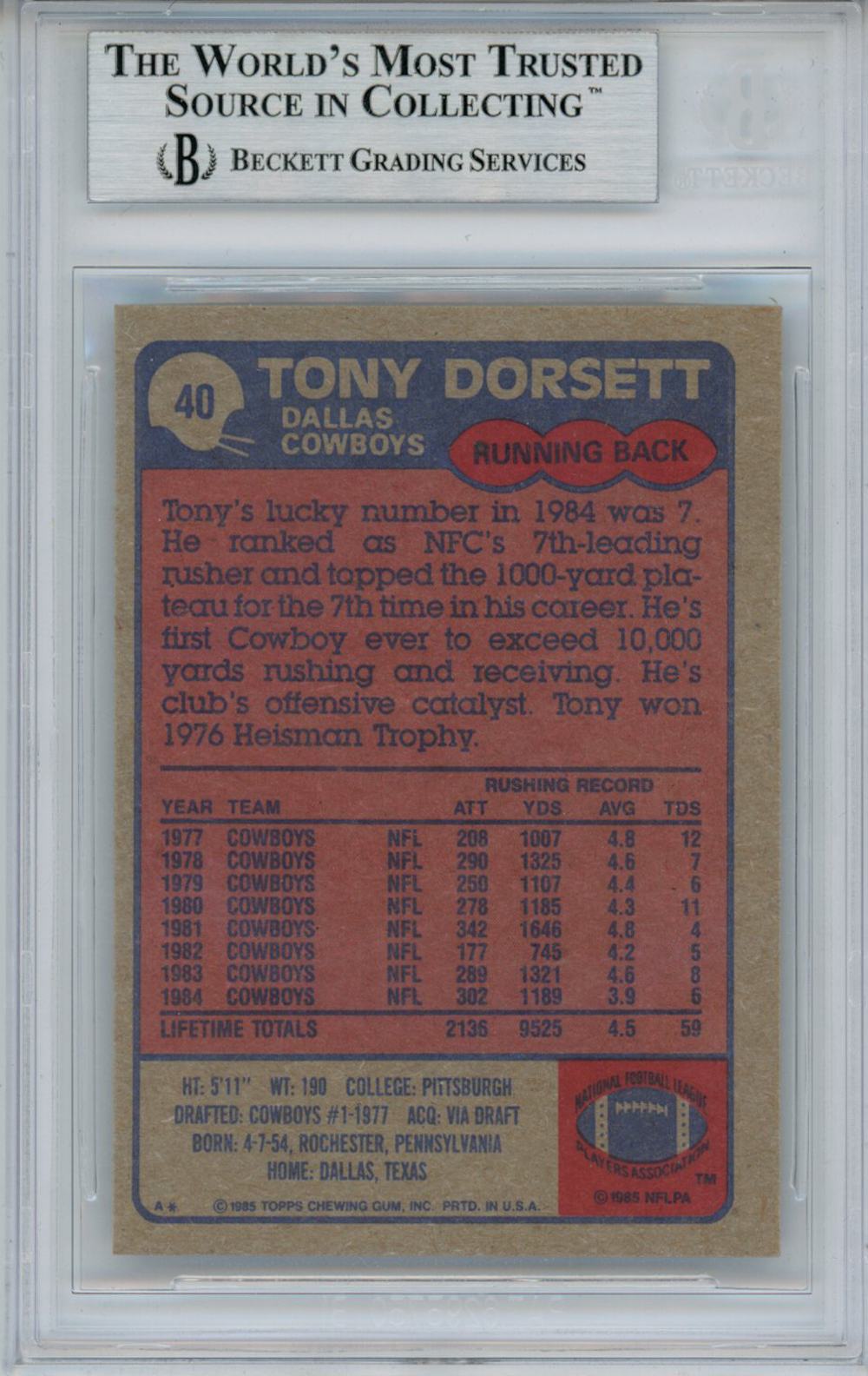 Tony Dorsett Autographed 1985 Topps #40 Trading Card Beckett Slab