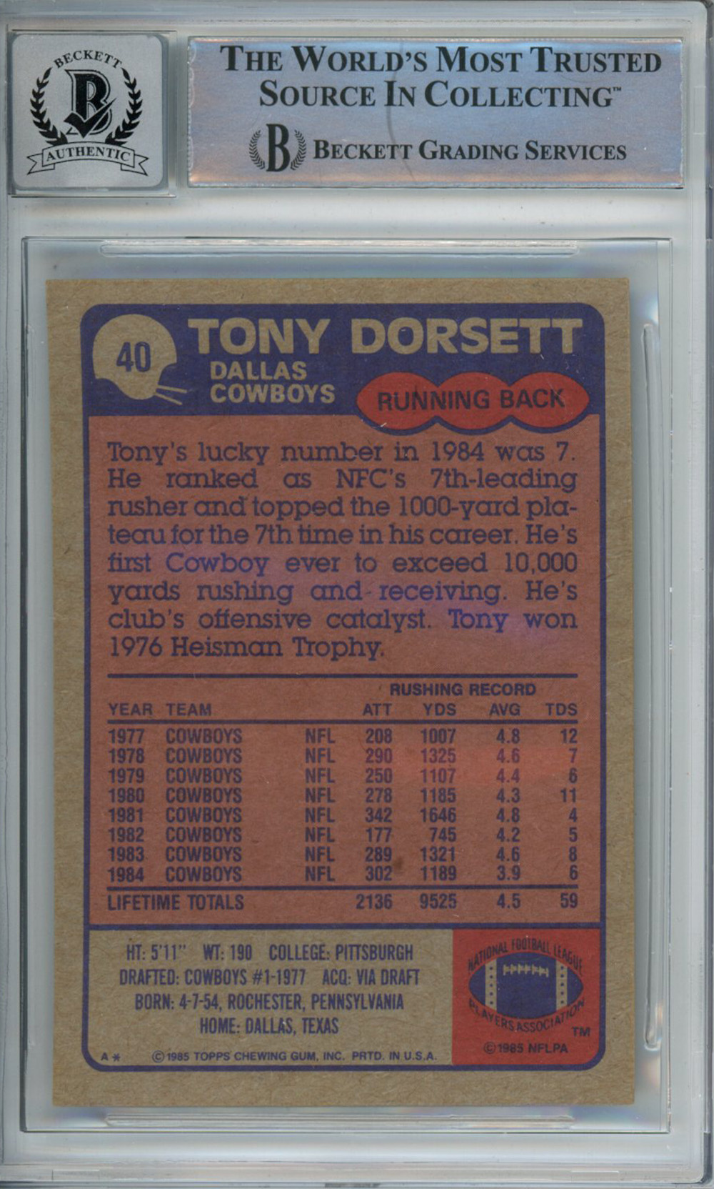 Tony Dorsett Autographed 1985 Topps 40 Trading Card Beckett Slab