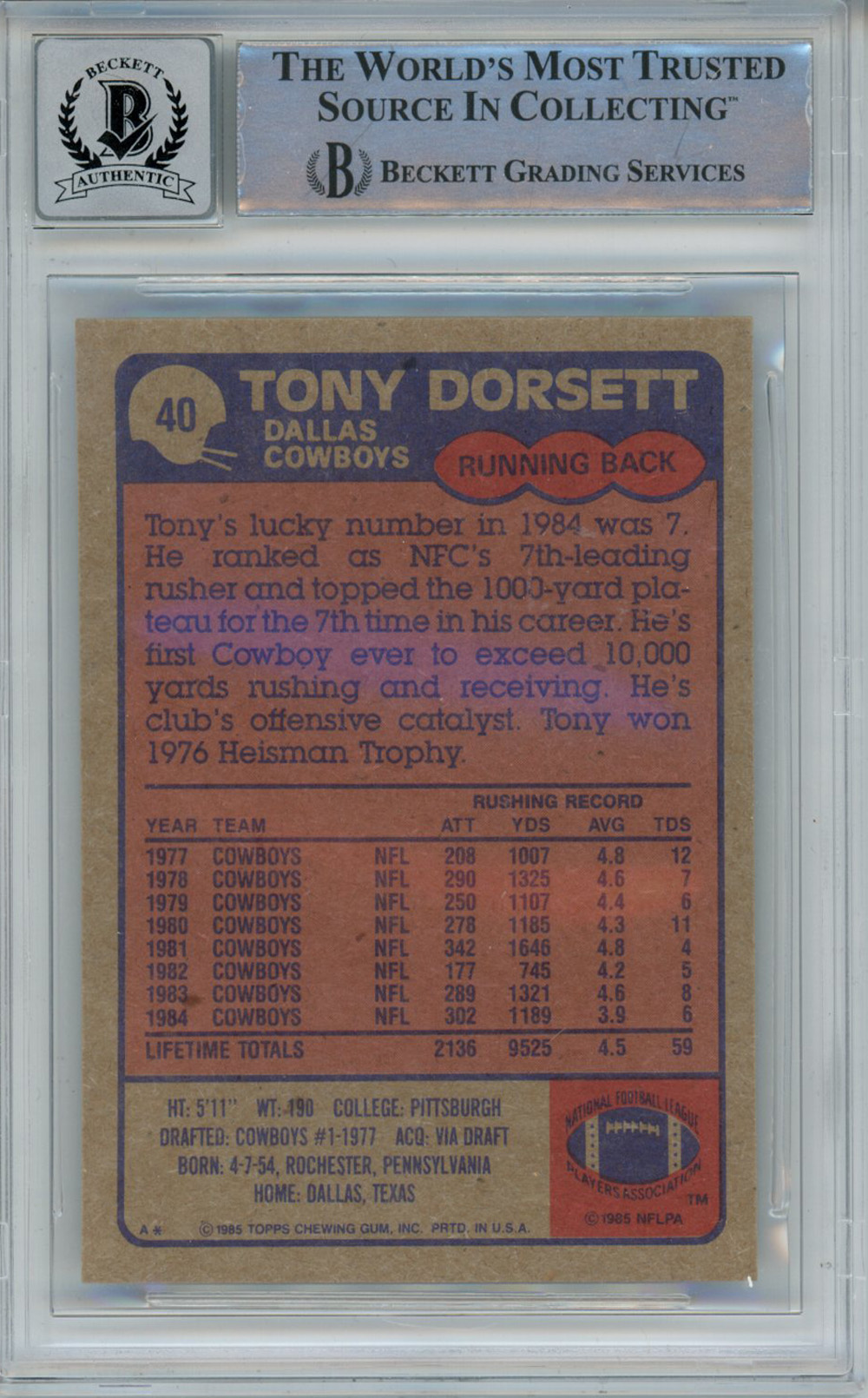 Tony Dorsett Autographed 1985 Topps #40 Trading Card Beckett 10 Slab