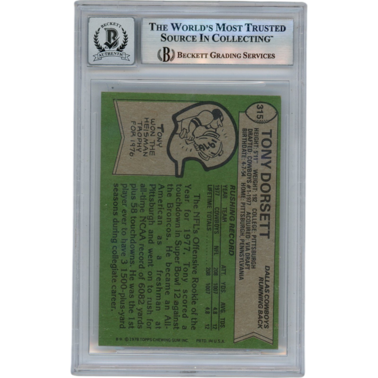 Tony Dorsett Autographed 1978 Topps #315 10 Grade Slabbed Card Beckett 50027