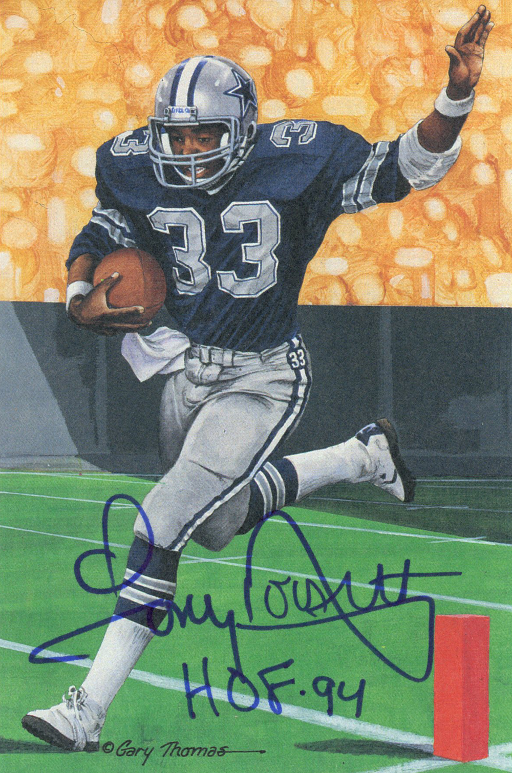 Tony Dorsett Autographed Dallas Cowboys Goal Line Art Card Blue HOF