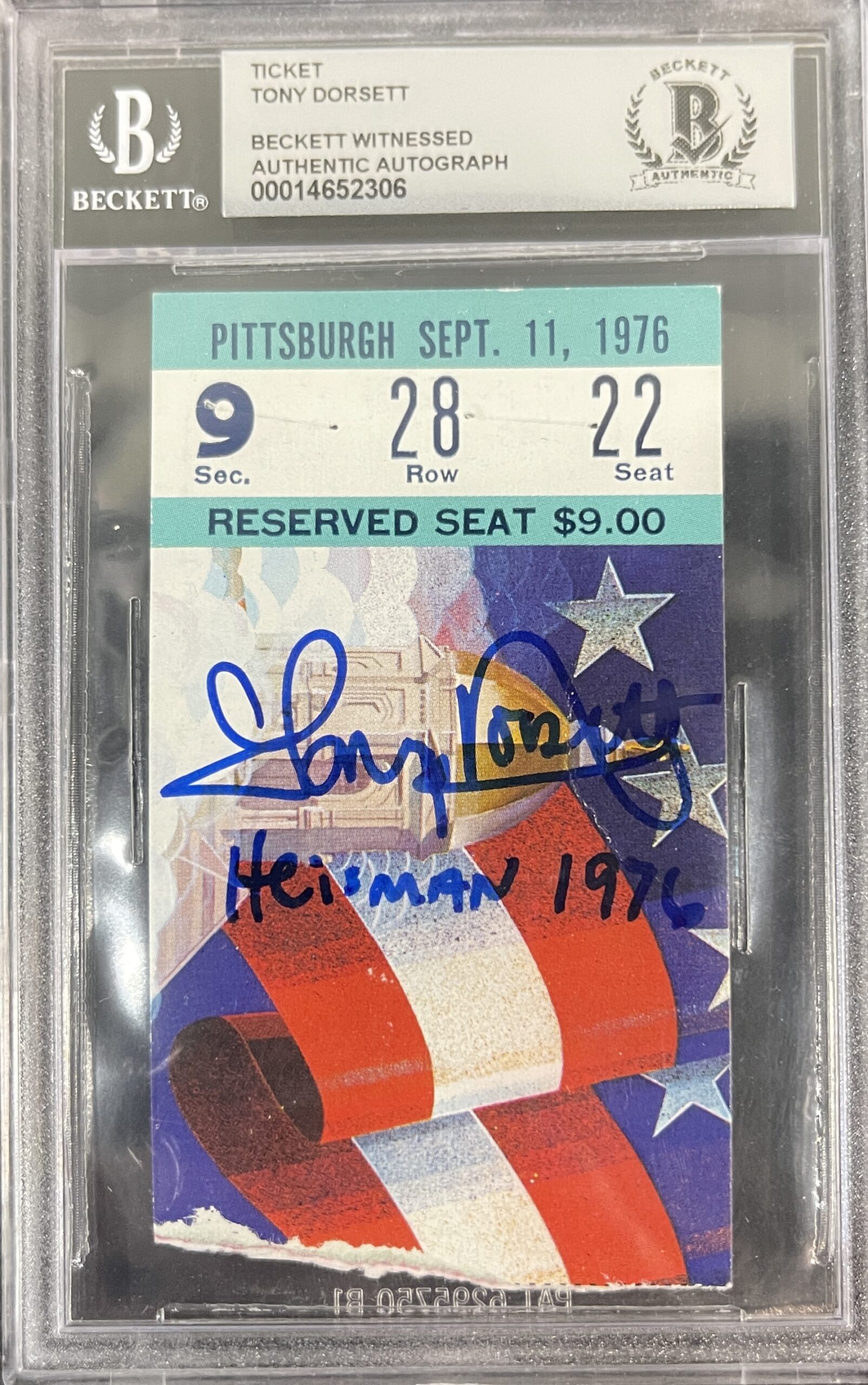 Tony Dorsett Signed Pittsburgh Panthers Ticket 9/11/76 vs ND BAS Slab