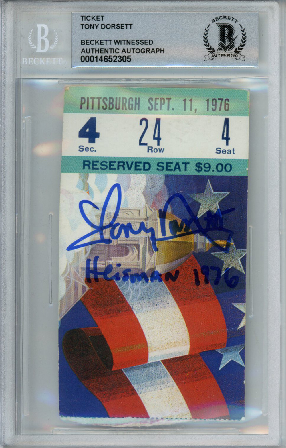 Tony Dorsett Signed 9/11/1976 vs Notre Dame Ticket Stub Heisman BAS Slab