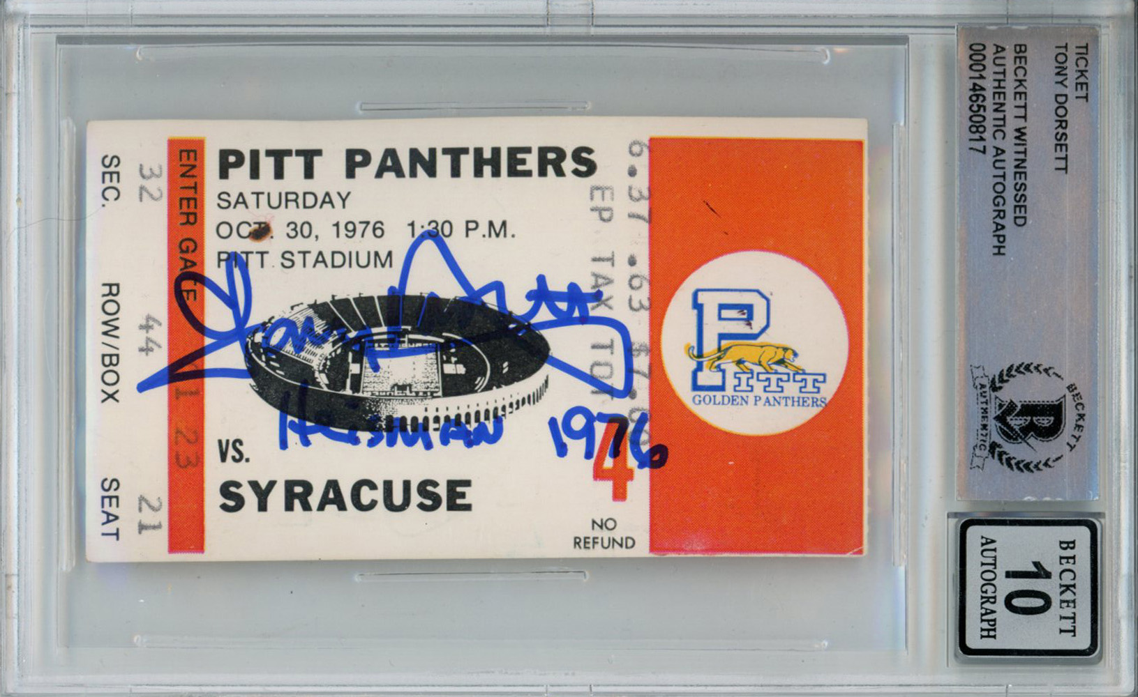 Tony Dorsett Signed 10/30/1976 vs Syracuse Ticket Stub Heisman BAS Slab