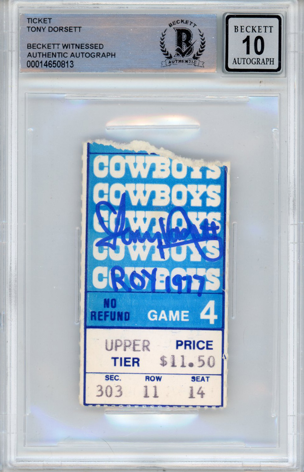 Tony Dorsett Autographed 11/6/1977 vs Giants Ticket Stub ROY Beckett Slab