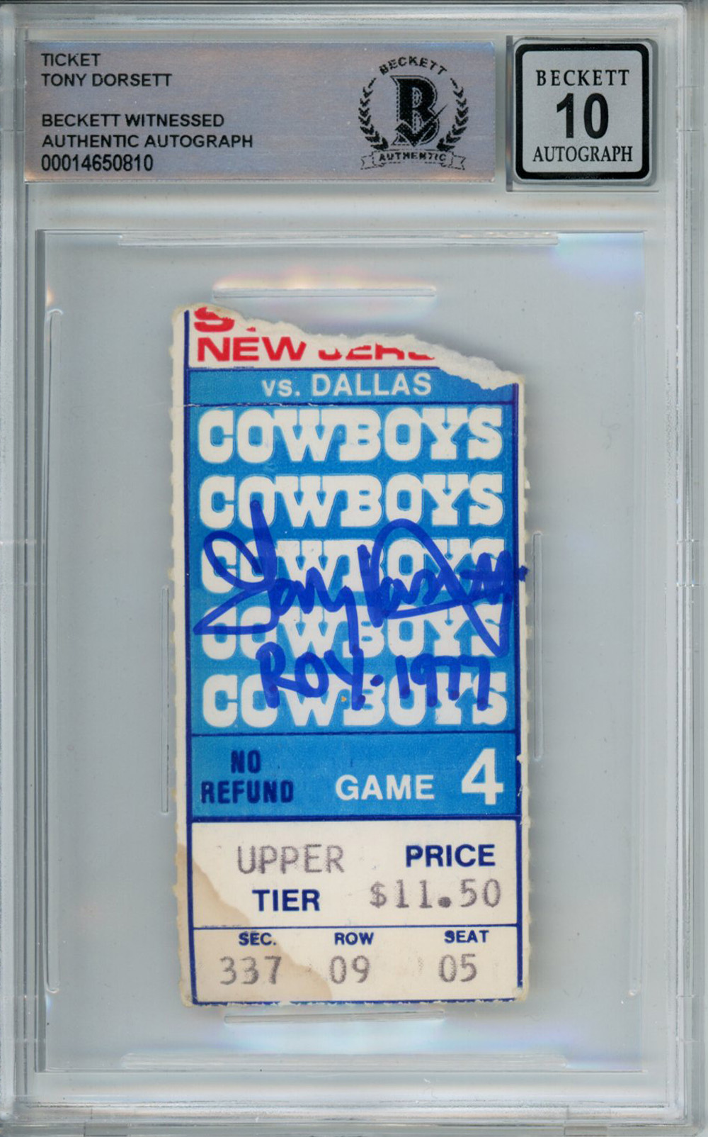 Tony Dorsett Signed 11/6/1977 vs Giants Ticket Stub ROY Beckett Slab