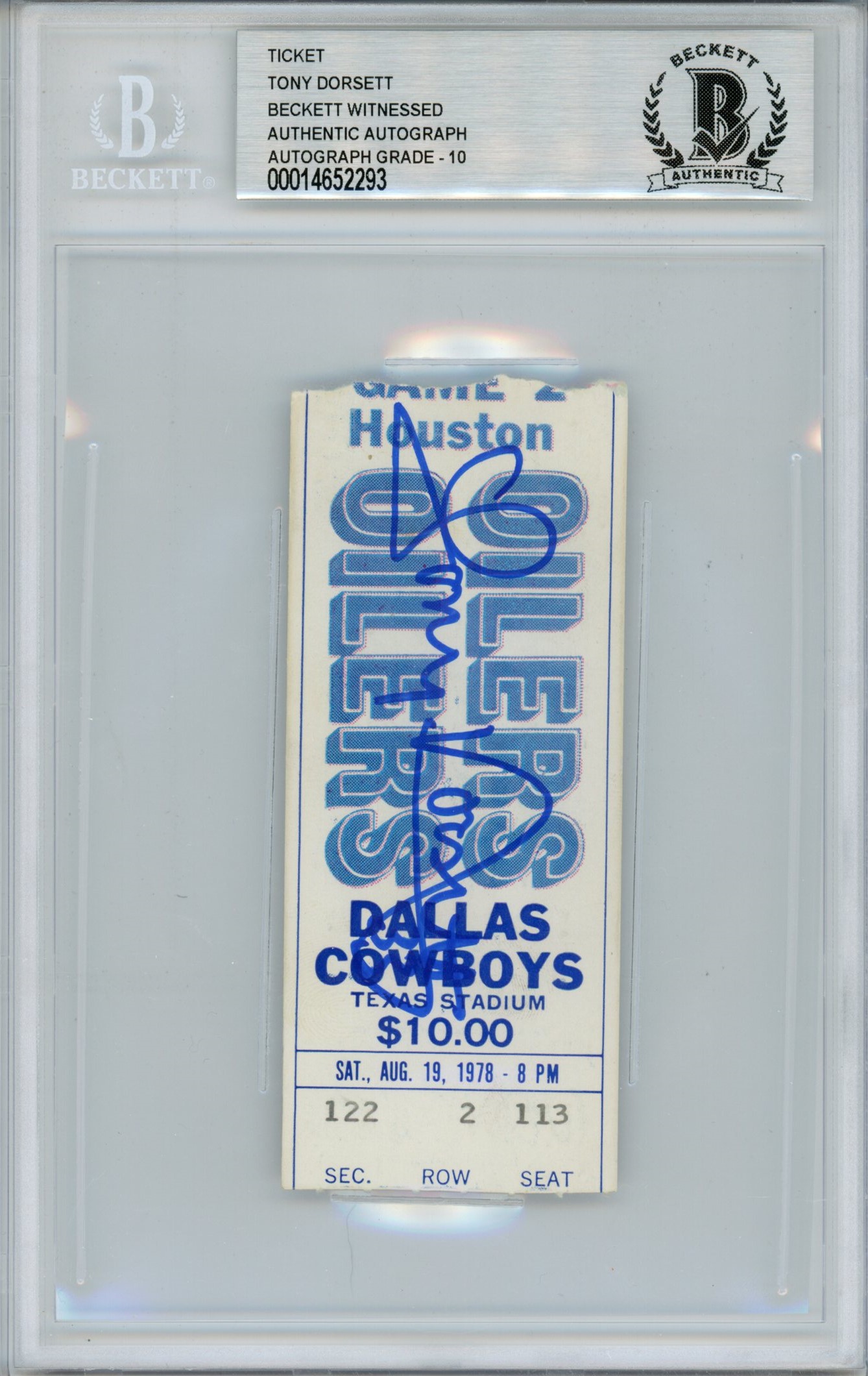 Tony Dorsett Signed Dallas Cowboys Ticket 8/19/78 vs Oilers BAS Slab