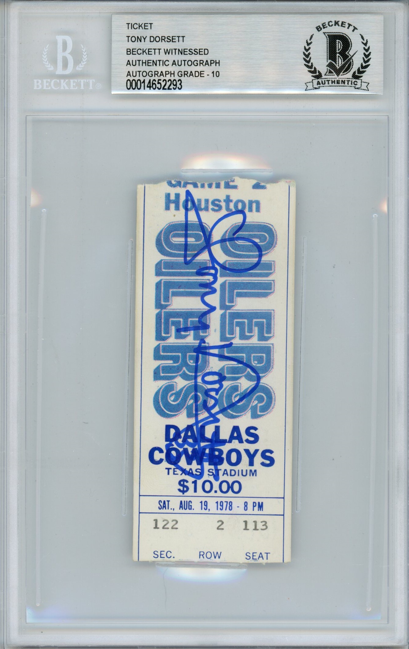 Tony Dorsett Signed Dallas Cowboys Ticket 8/19/78 vs Oilers BAS Slab 