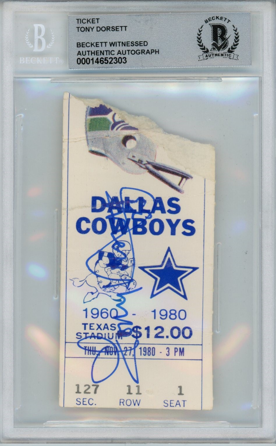 Tony Dorsett Autographed/Signed 11/27/1980 Ticket Stub Beckett 