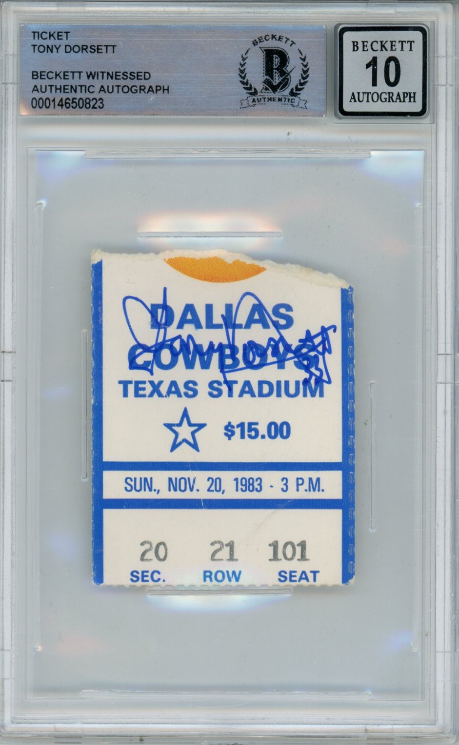 Tony Dorsett Signed Dallas Cowboys Ticket 11/2083 vs Chiefs BAS Slab