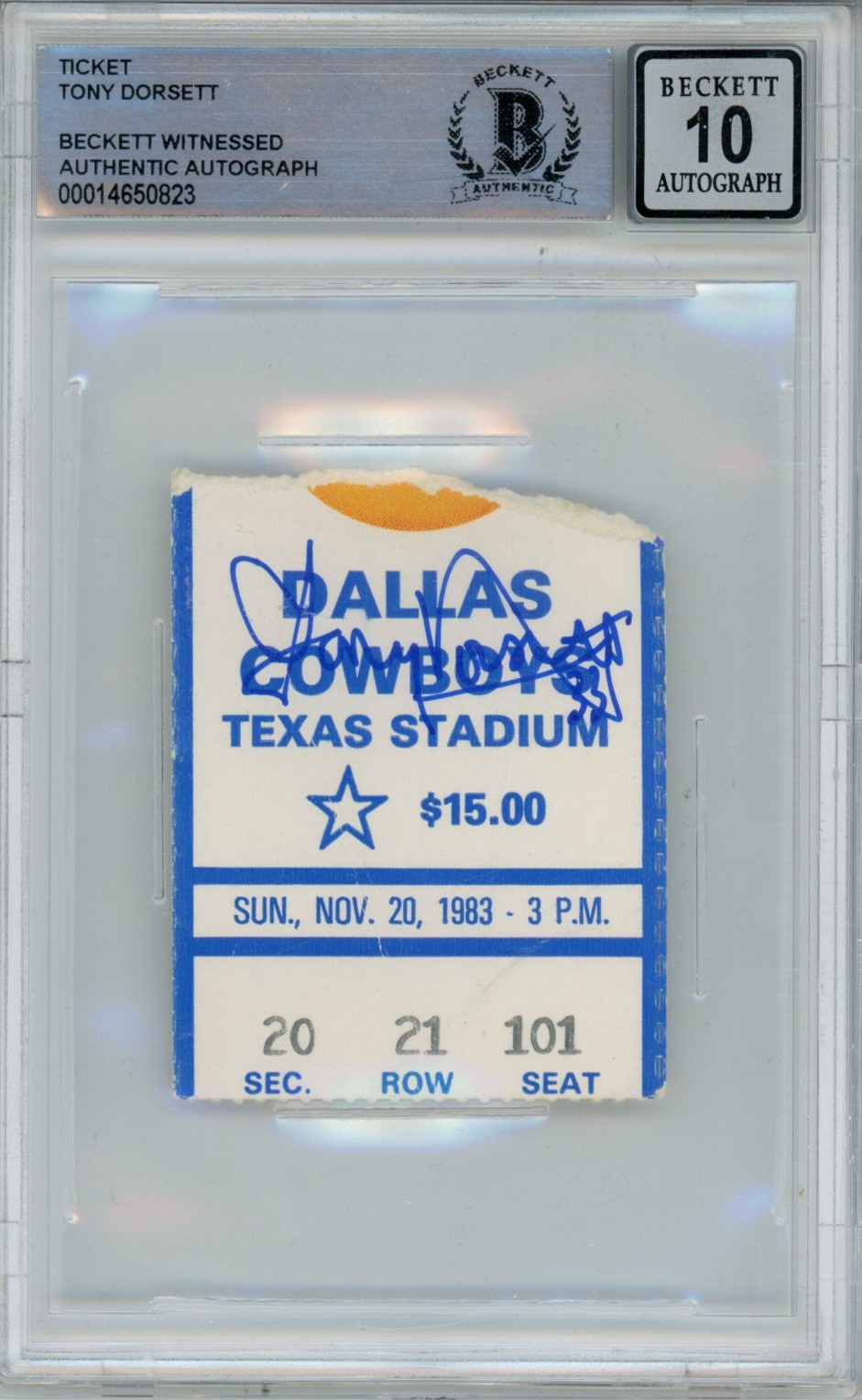 Tony Dorsett Signed Dallas Cowboys Ticket 11/2083 vs Chiefs BAS Slab 