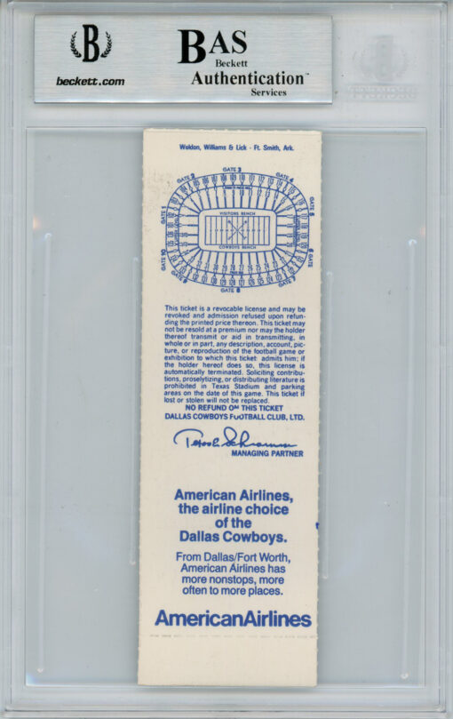Tony Dorsett Autographed 11/4/1984 vs Giants Full Ticket Beckett Slab