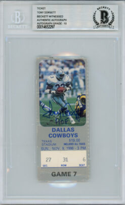 Tony Dorsett Autographed/Signed 11/9/1986 Ticket Beckett Slab