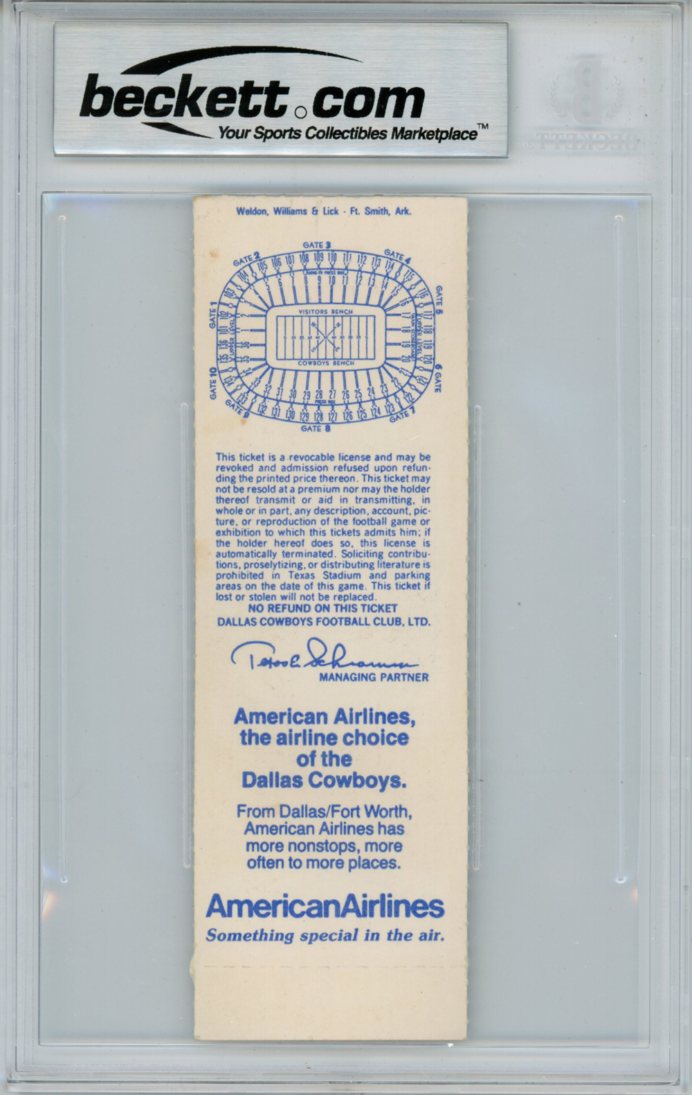 Tony Dorsett Autographed 11/27/1986 vs Seahawks Full Ticket Beckett Slab