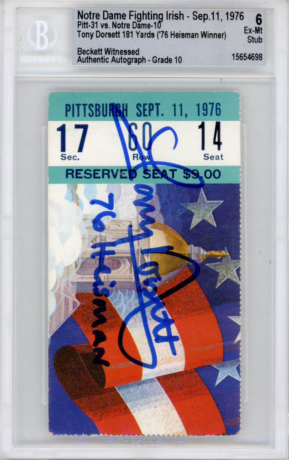 Tony Dorsett Autographed Ticket 9/11/76  Pitt Panthers BAS Slabbed
