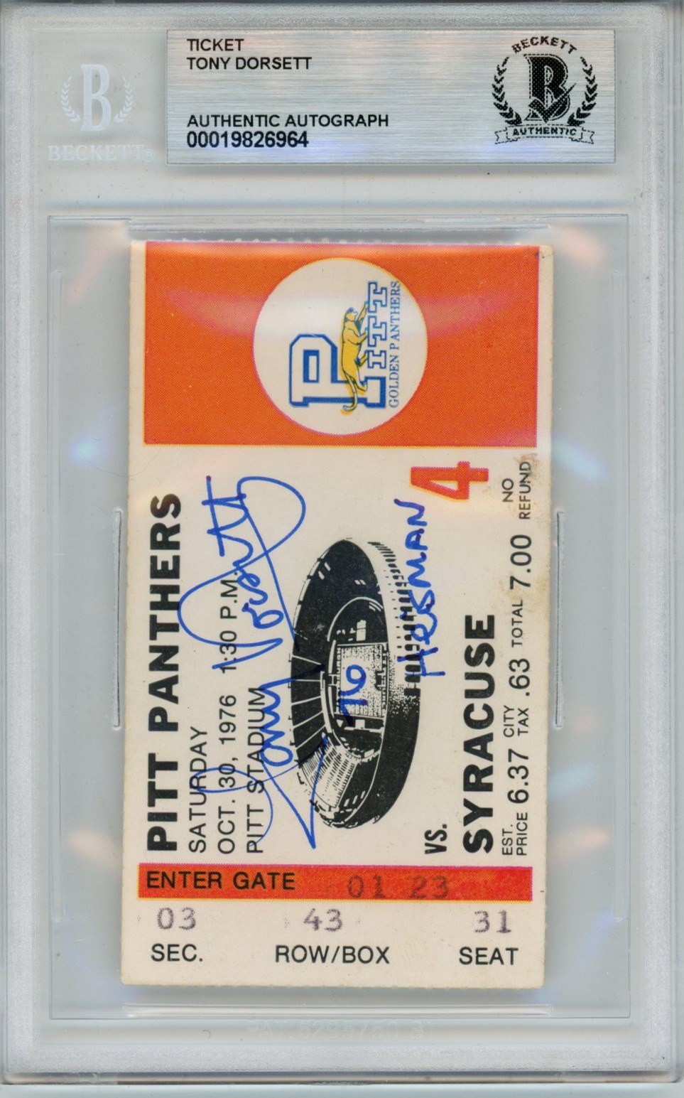 Tony Dorsett Signed Pittsburgh Panthers 1976 Heisman Ticket Slab Beckett 57043