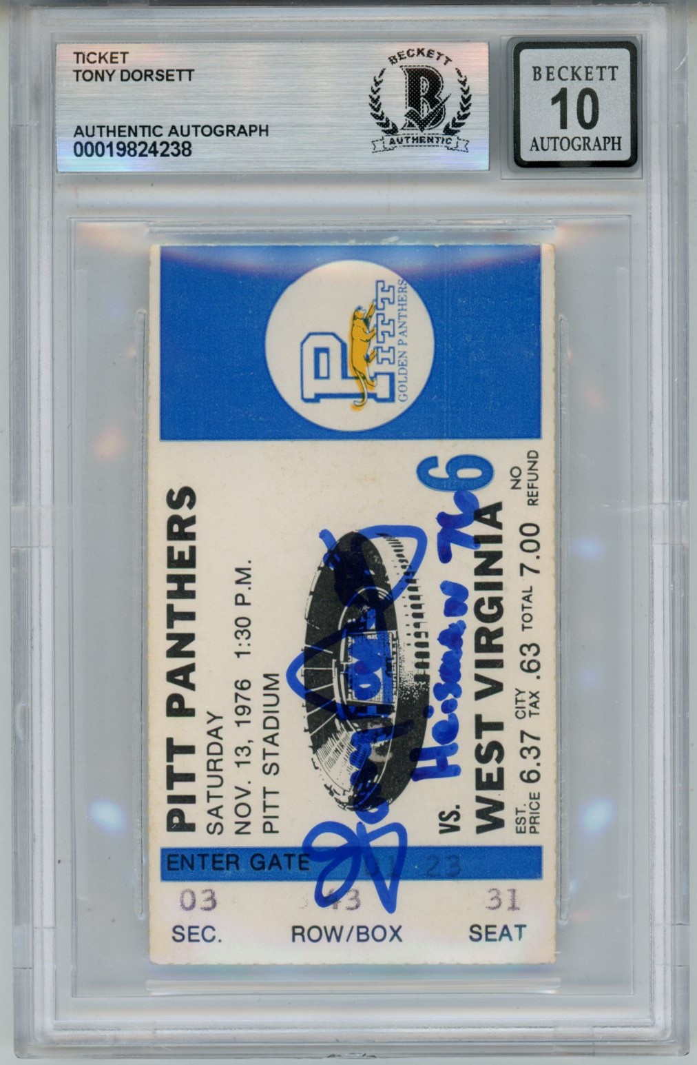 Tony Dorsett Signed Pittsburgh Panthers Heisman 10auto Ticket Slab Beckett 57044 1 Tony Dorsett Signed Pittsburgh Panthers Heisman 10auto Ticket Slab Beckett 57044