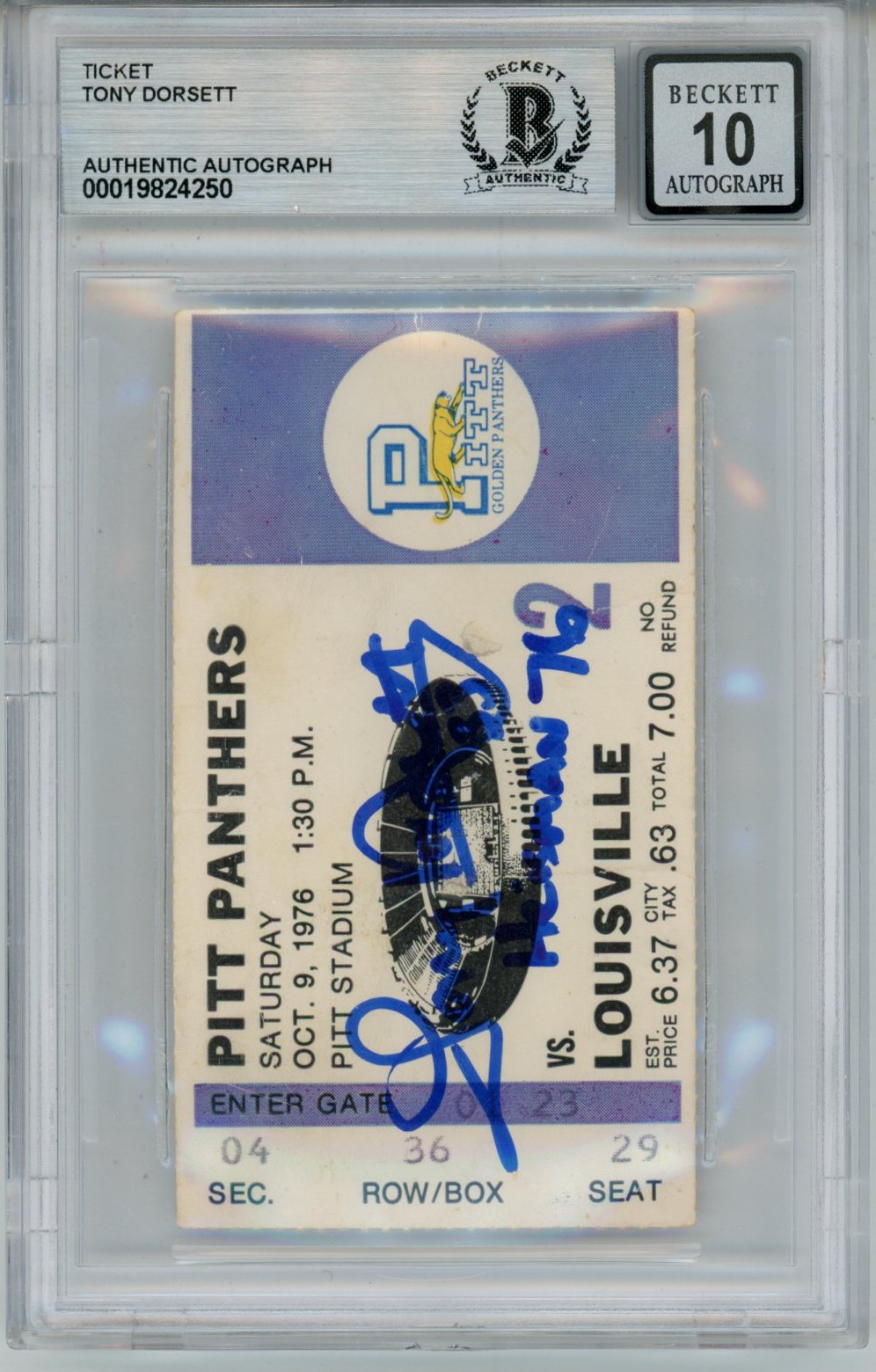 Tony Dorsett Signed Pittsburgh Panthers Heisman 10auto Ticket Slab Beckett 57046