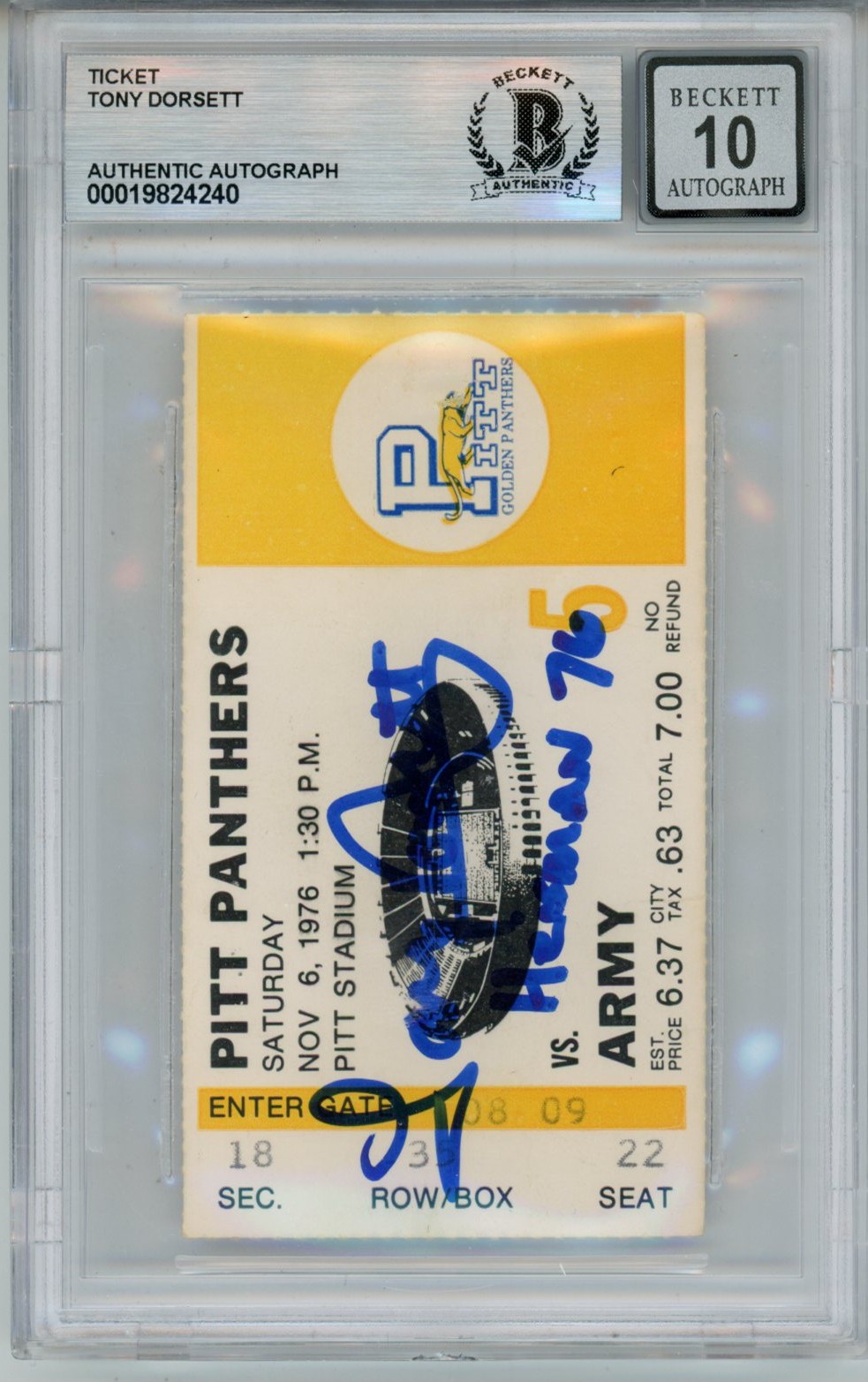 Tony Dorsett Signed Pittsburgh Panthers Heisman 10auto Ticket Slab Beckett 57048