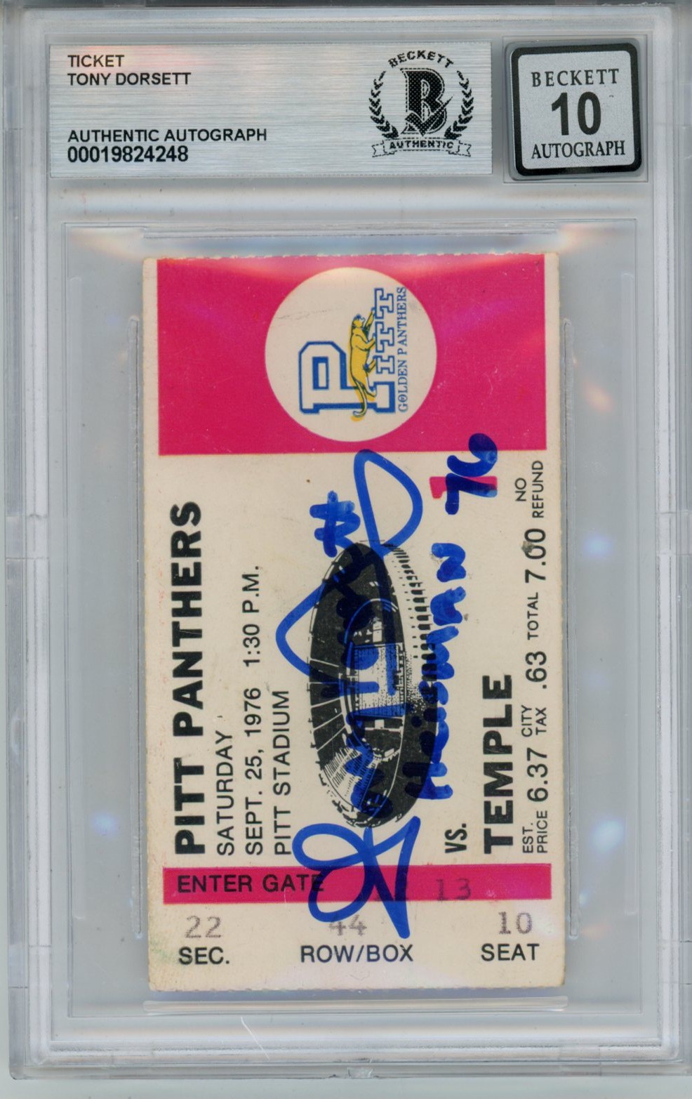 Tony Dorsett Signed Pittsburgh Panthers Heisman 10auto Ticket Slab Beckett 57050