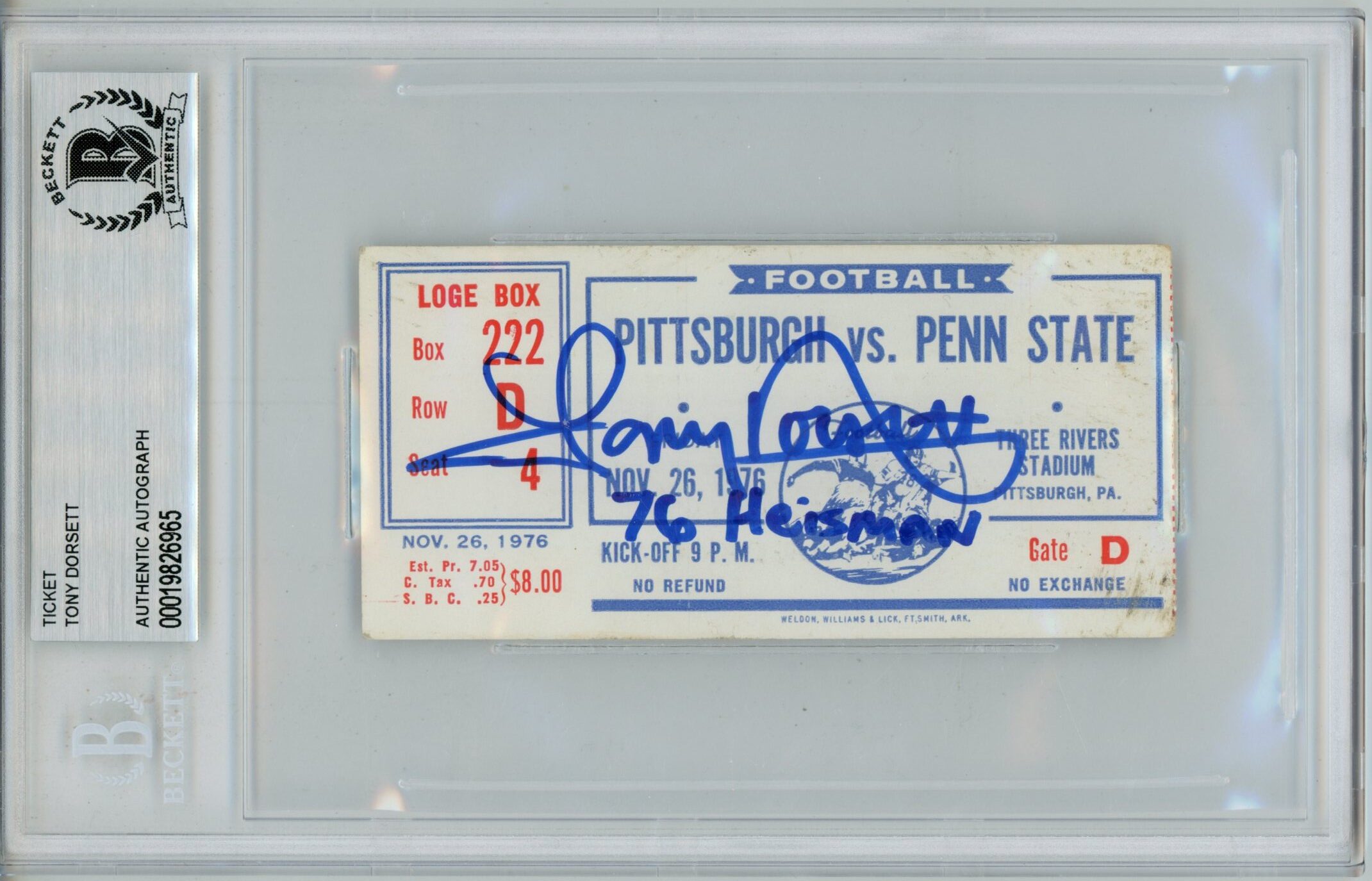 Tony Dorsett Signed Pittsburgh Panthers 1976 Heisman Ticket Slab Beckett 57054