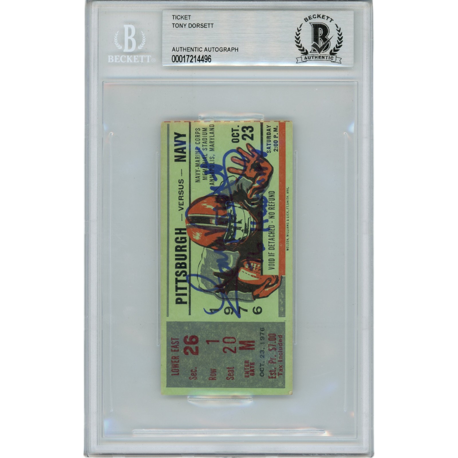 Tony Dorsett Autographed 1976 Pitt vs. Navy Ticket Stub Heisman Beckett 45943