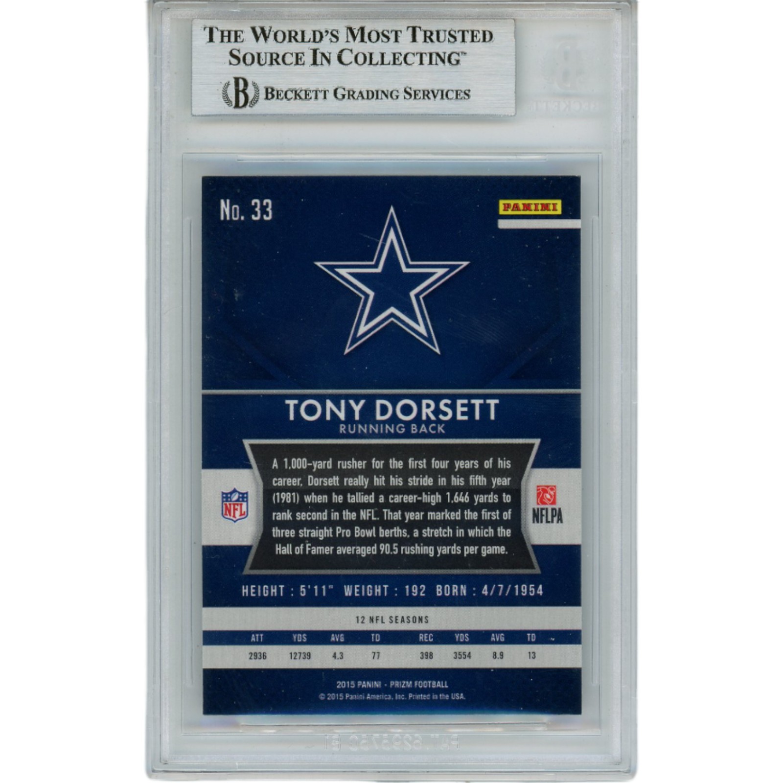 Tony Dorsett Autographed 2015 Prizm 33 Slabbed Trading Card Beckett 45925