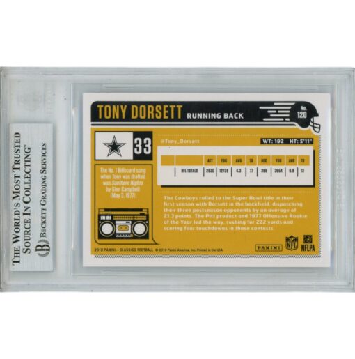 Tony Dorsett Autographed 2018 Classics 120 Slabbed Trading Card Beckett 45901