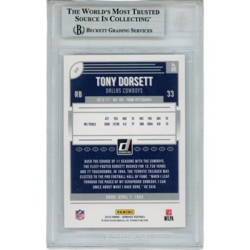 Tony Dorsett Autographed 2018 Donruss 80 Slabbed Trading Card Beckett 45897