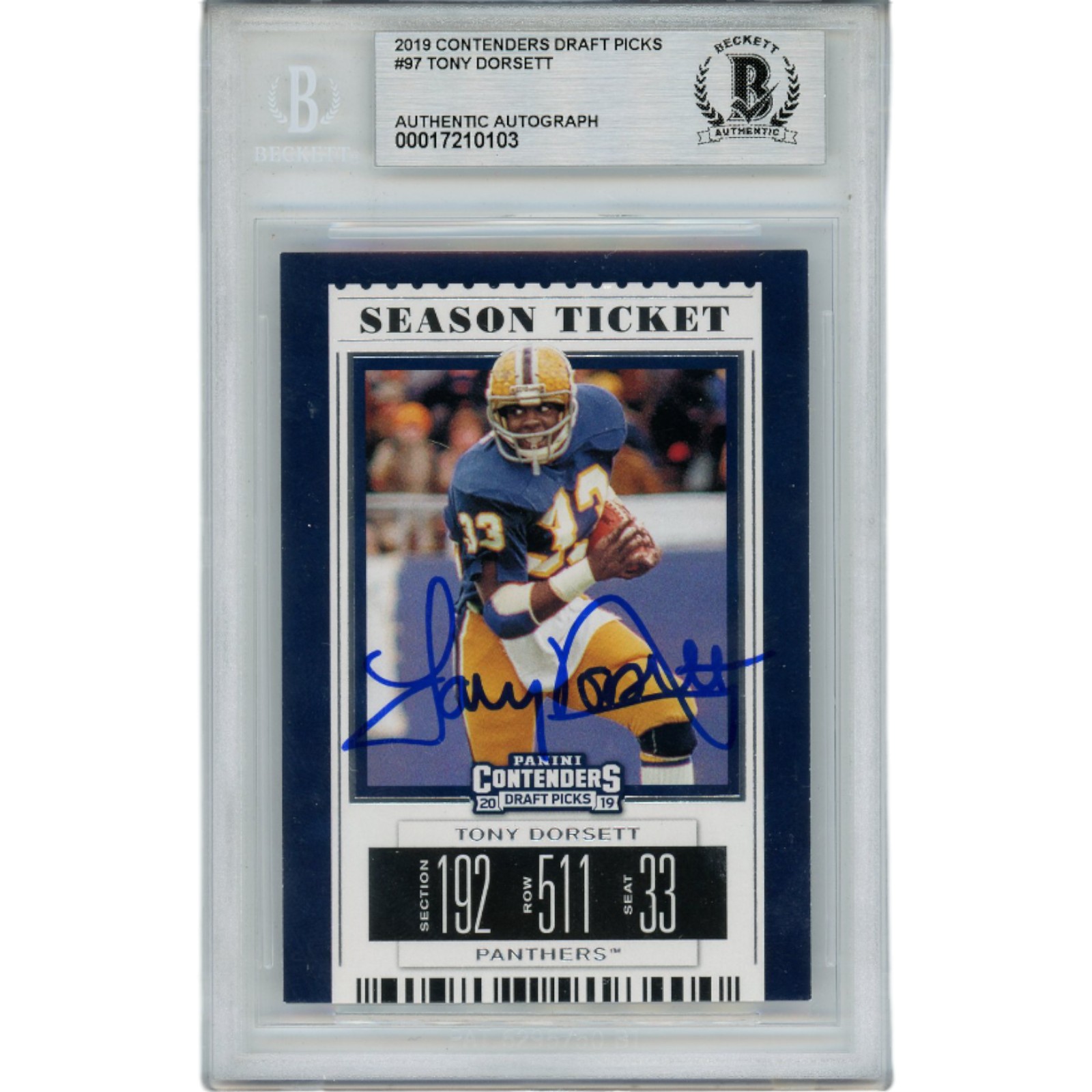 Tony Dorsett Autographed 2019 Contenders Draft 97 Slabbed Trading Card BAS 45887