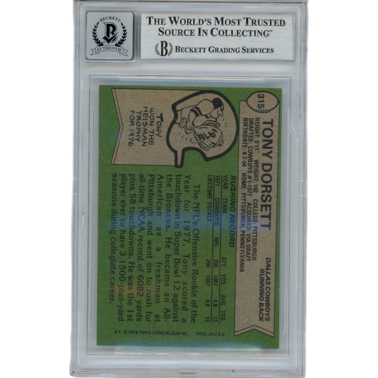 Tony Dorsett Autographed 78 Topps ROY HOF Grade 10 Trading Card Beckett 45935