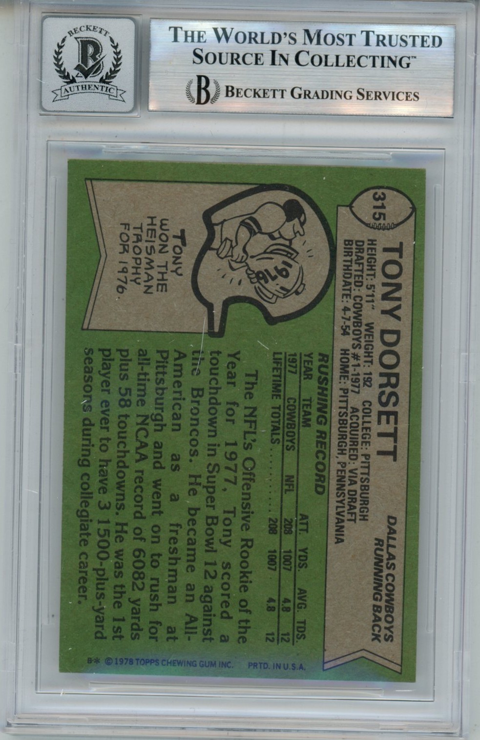 Tony Dorsett Autographed 1978 Topps #315 HOF 10 auto Card Slab Beckett 57134 2 Tony Dorsett Autographed 1978 Topps #315 HOF 10 auto Card Slab Beckett 57134