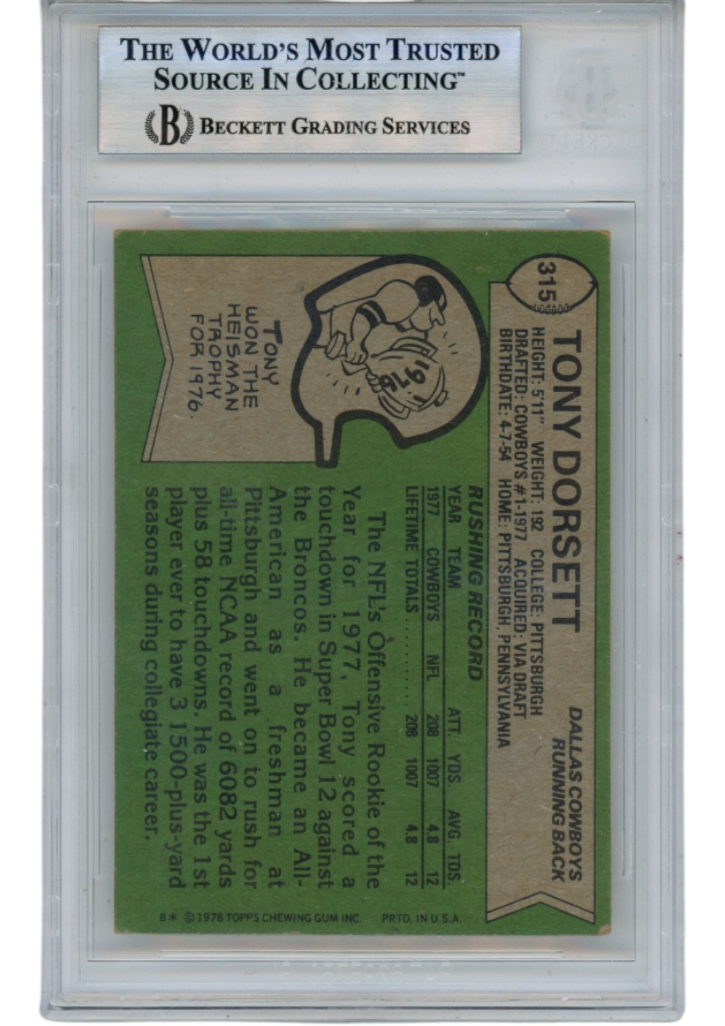 Tony Dorsett Autographed 78 Topps #315 ROY HOF Slab Trading Card Beckett 52705 2 Tony Dorsett Autographed 78 Topps #315 ROY HOF Slab Trading Card Beckett 52705