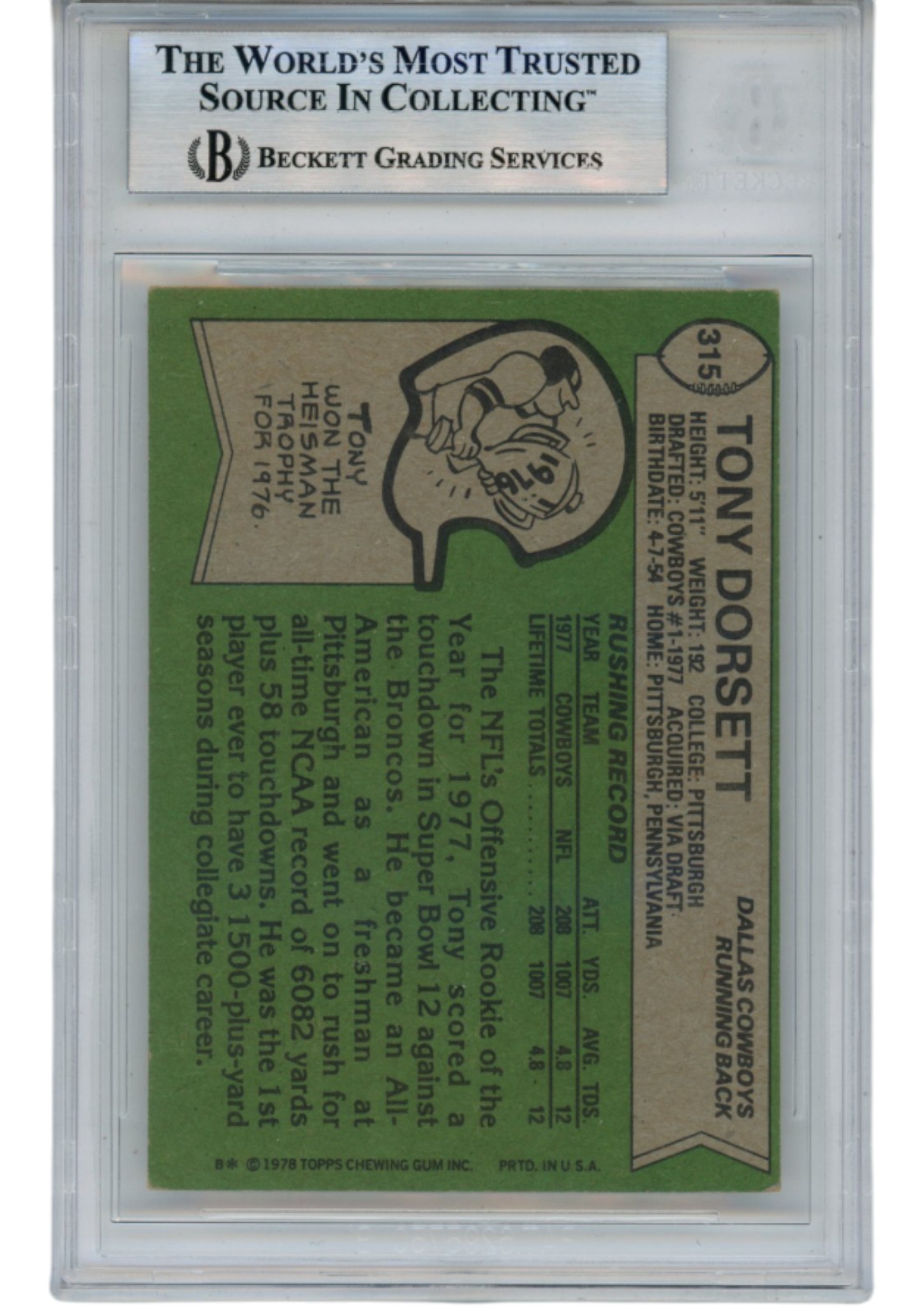 Tony Dorsett Autographed 78 Topps #315 ROY HOF Slab Trading Card Beckett 52711