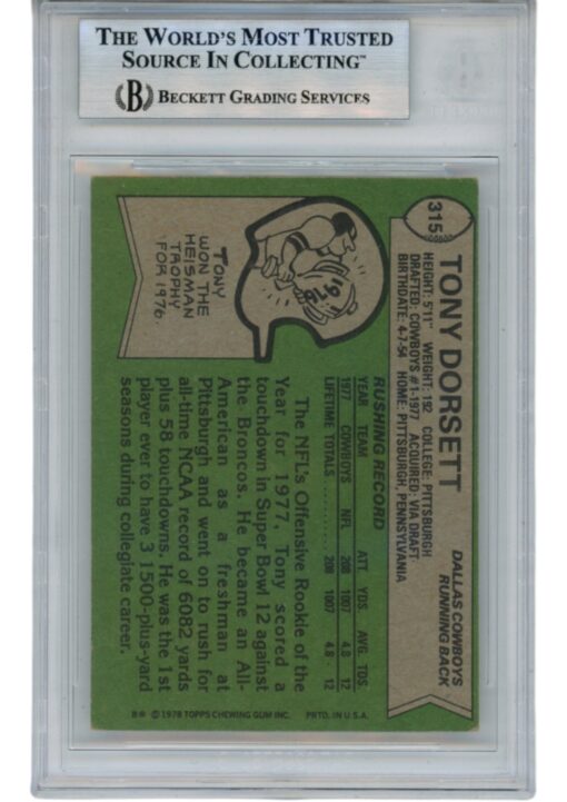 Tony Dorsett Autographed 78 Topps #315 ROY HOF Slab Trading Card Beckett 52711