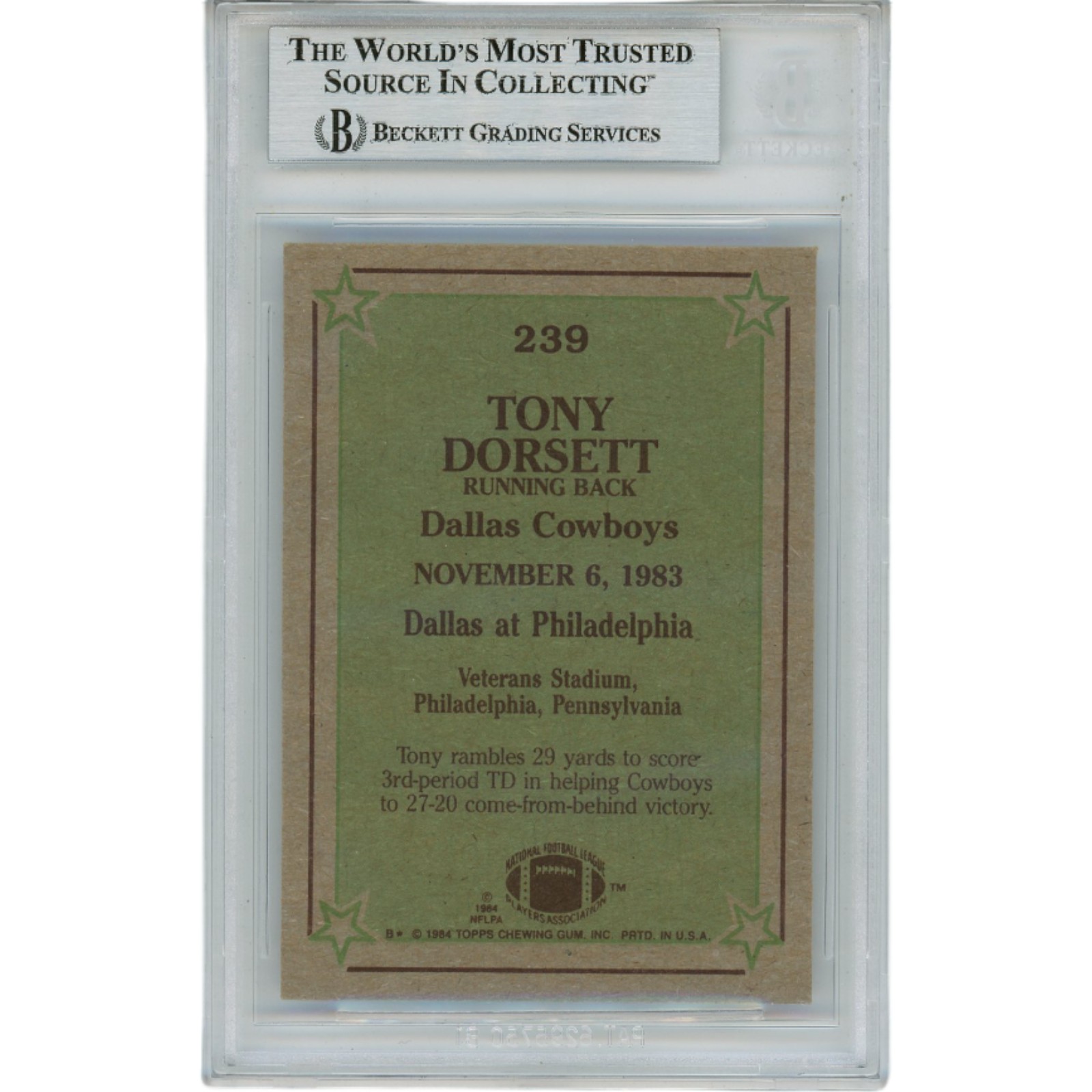 Tony Dorsett Autographed 1984 Topps 239 Slabbed Trading Card Beckett 45919