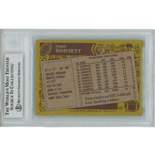 Tony Dorsett Autographed 1986 Topps 126 Slabbed Trading Card Beckett 45902