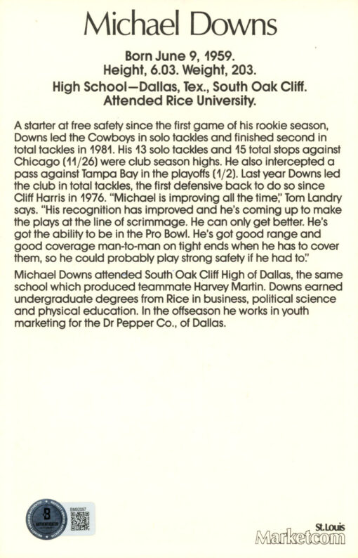 Michael Downs Autographed Dallas Cowboys Mini Poster Beckett 46126