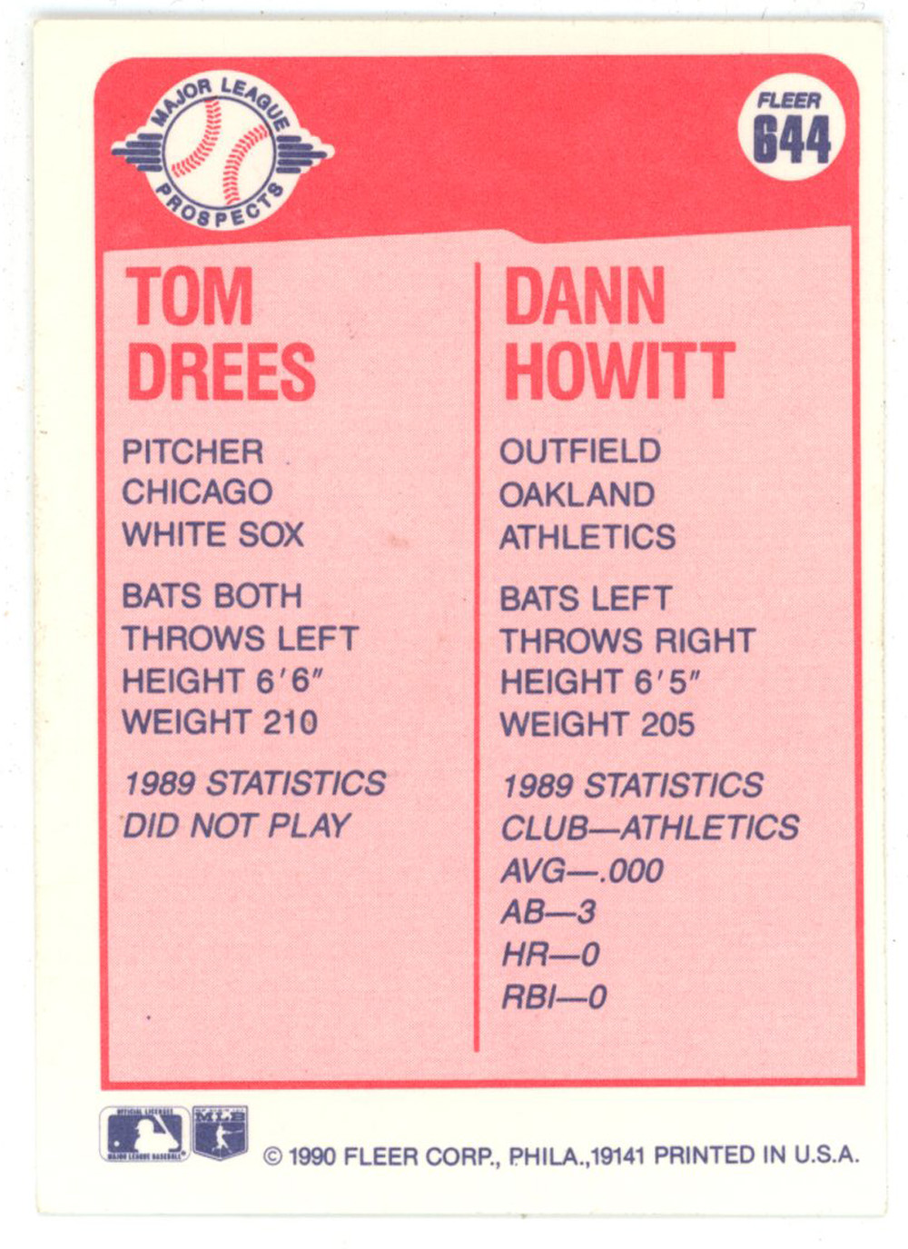 Tom Drees & Dann Howitt Signed White Sox/Athletics 1990 Fleer Trading Card