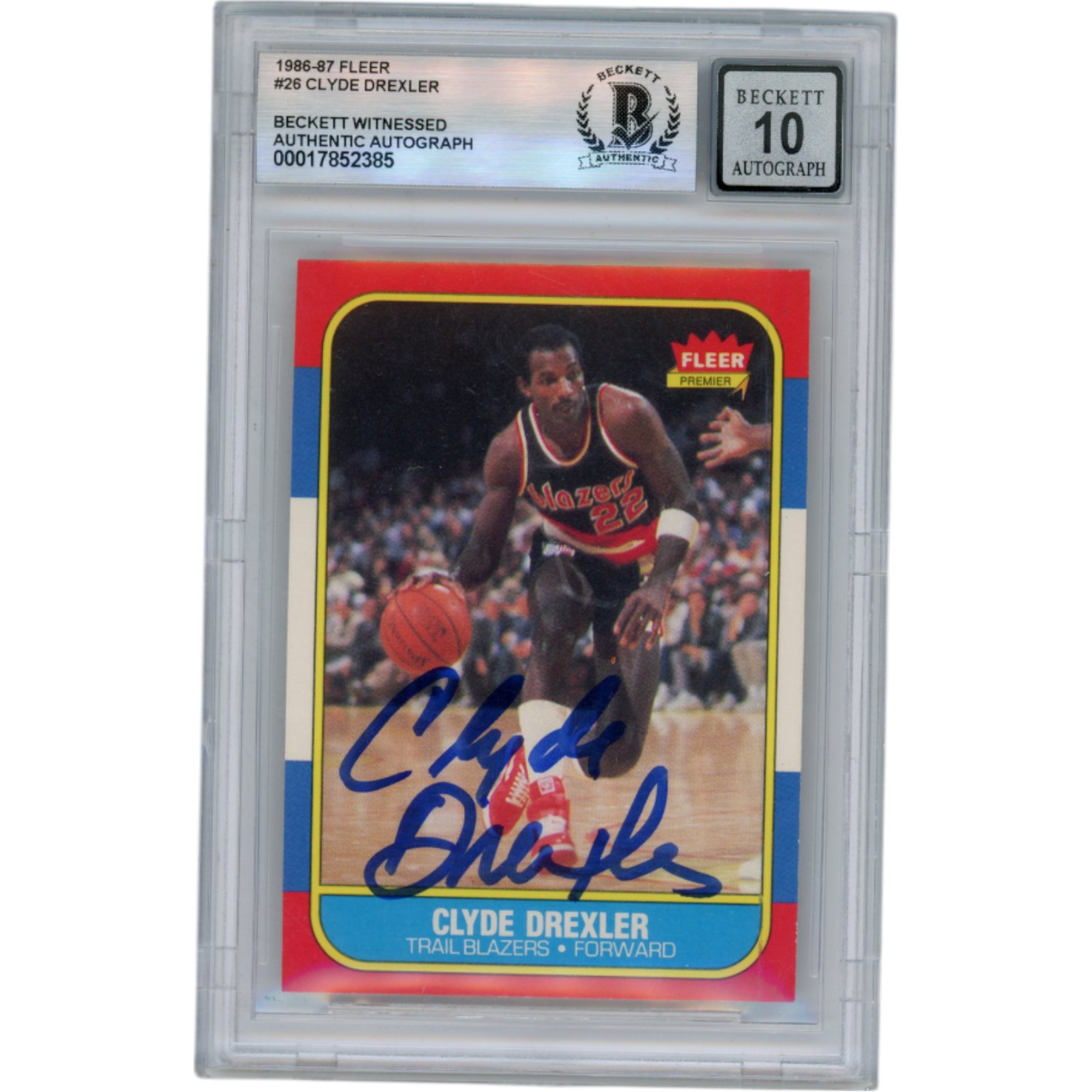 Clyde Drexler Autographed 1986 Fleer #26 Slabbed Trading Card Beckett 50618