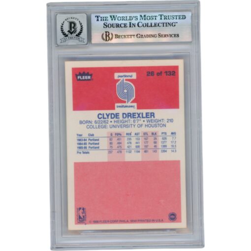 Clyde Drexler Autographed 1986 Fleer #26 Slabbed Trading Card Beckett 50618