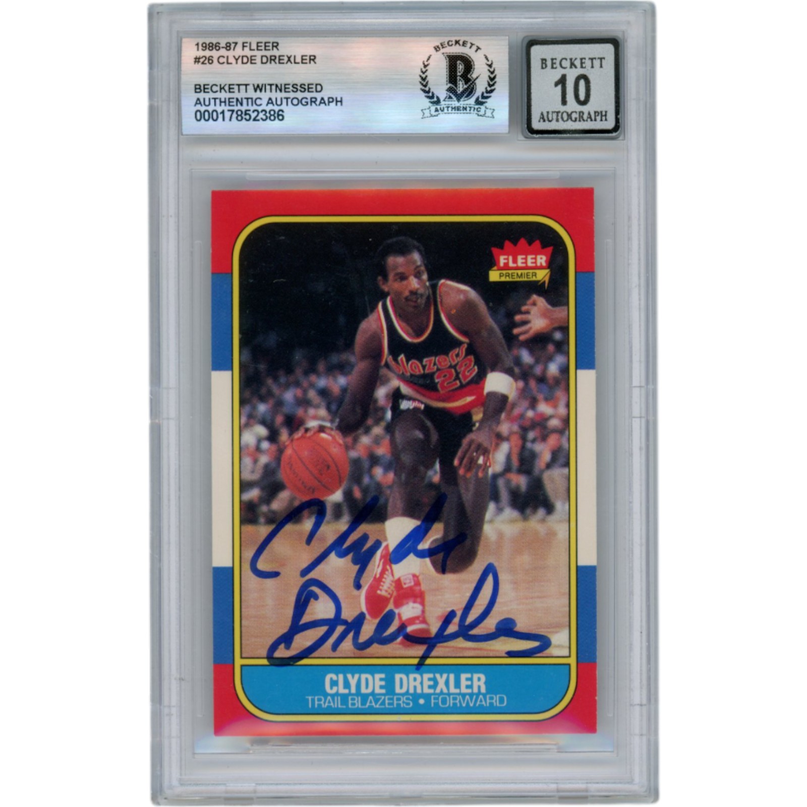 Clyde Drexler Autographed 1986 Fleer #26 Slabbed Trading Card Beckett 50621