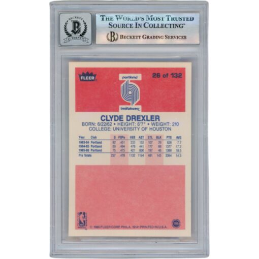 Clyde Drexler Autographed 1986 Fleer #26 Slabbed Trading Card Beckett 50632