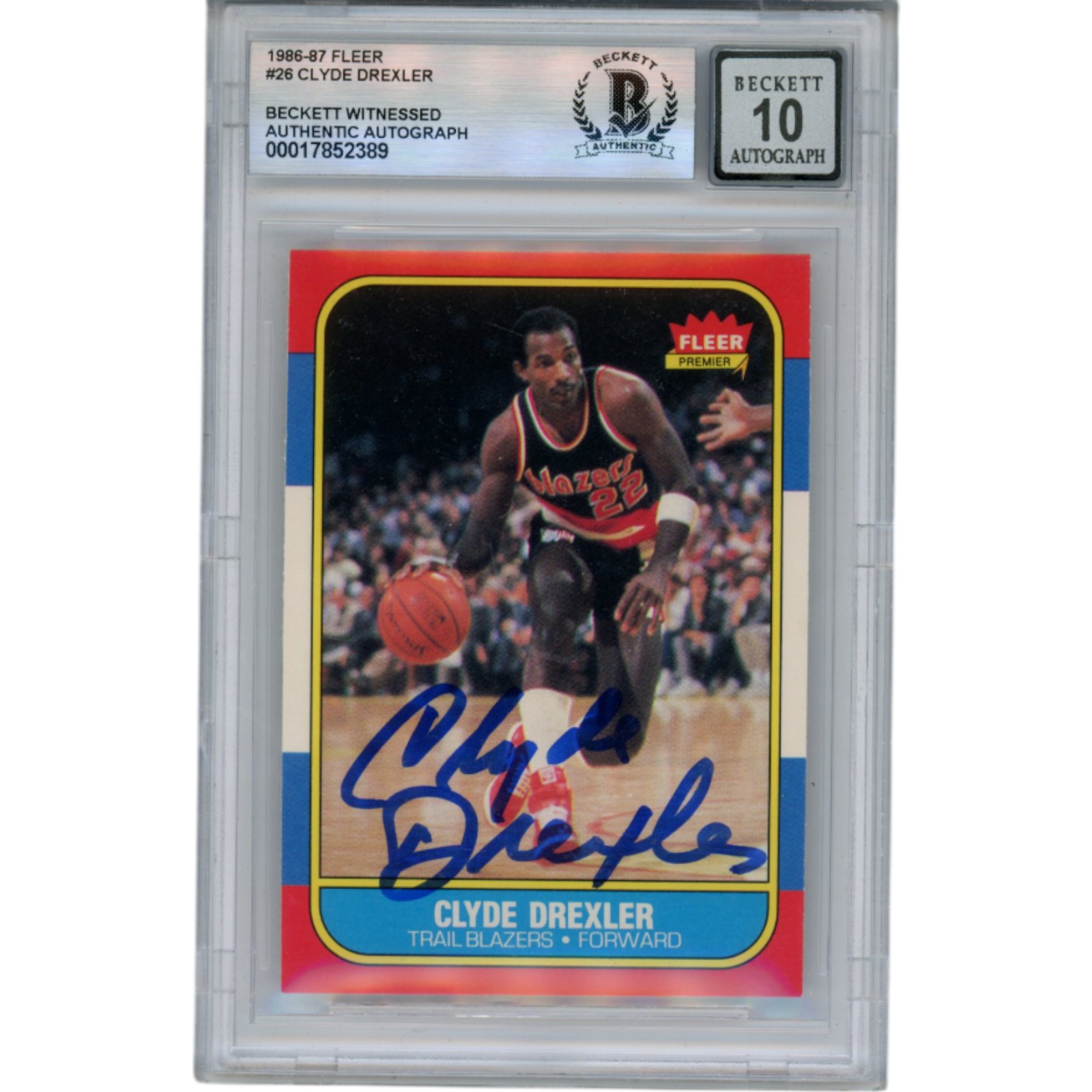 Clyde Drexler Autographed 1986 Fleer #26 Slabbed Trading Card Beckett 50650