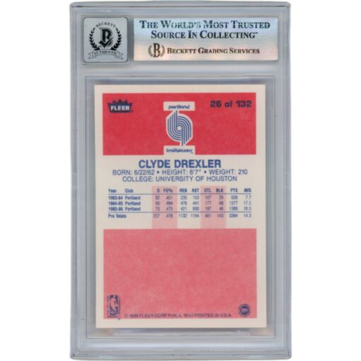 Clyde Drexler Autographed 1986 Fleer #26 Slabbed Trading Card Beckett 50654