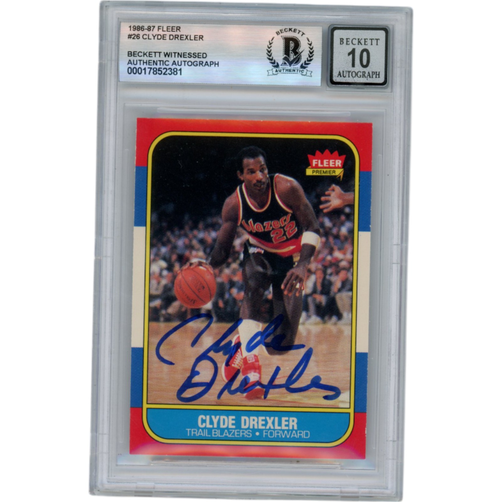 Clyde Drexler Autographed 1986 Fleer #26 Slabbed Trading Card Beckett 50663