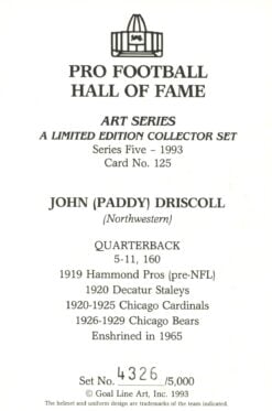 John "Paddy" Driscoll Chicago Bears Goal Line Art Card Series 5 #125 /5000 58060