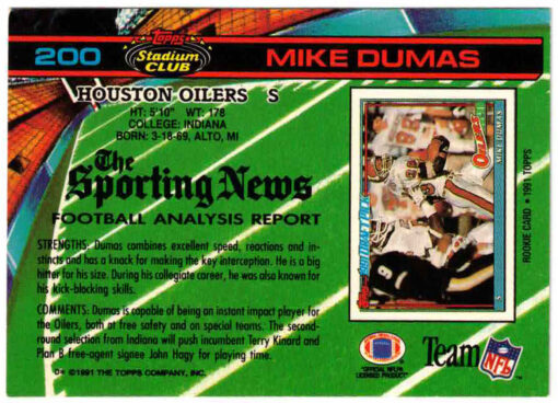 Mike Dumas Autographed 1991 Topps Stadium Club #200 Trading Card 46243