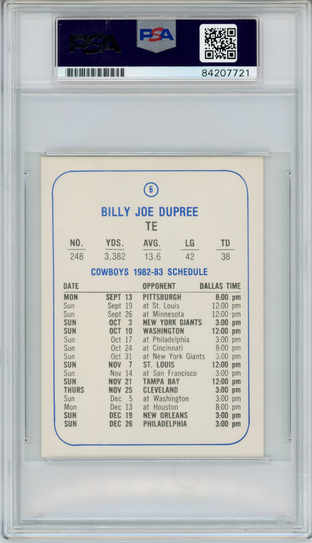 Billy Joe Dupree Autographed Dallas Cowboys 1982 Schedule Card PSA Slab 32633